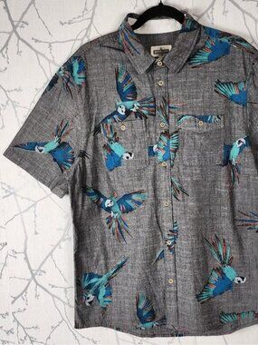 Distillery Colorful Tropical Bird Print Cotton Button Front Shirt